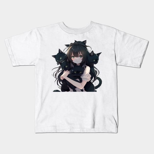 Anime Girl Hugging Many Black Cats Kids T-Shirt by YuriArt